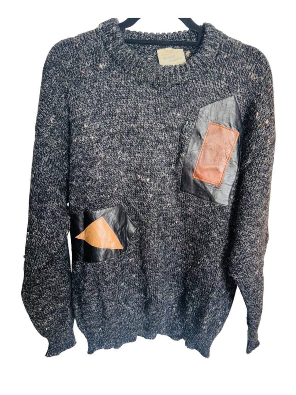 Vintage Reynolds Originals Gray Wool Heavy knit Sweater Leather Patches L Y2K - Picture 2 of 7